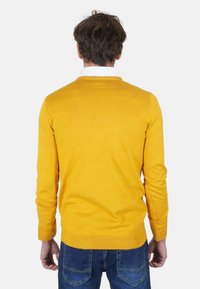 Maglione giallo con polsini e orlo a coste, con colletto bianco sottostante. Tessuto morbido, design aderente, mostrato di spalle con jeans blu.