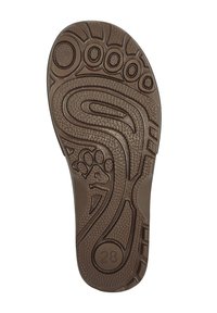 Semelle intérieure en caoutchouc marron avec surface texturée, présentant un motif ondulé, un design en forme de pied et une marquage de taille "28" sur le côté.
