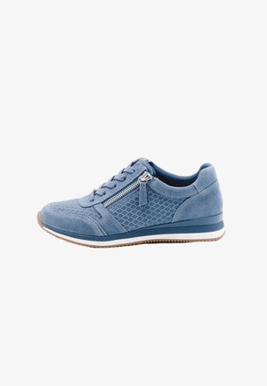 Light blue sneakers with suede and mesh material, featuring a zip detail, lace closure, and textured accents on the side. Rubber sole.