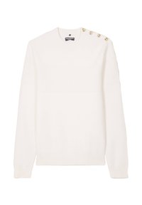 Felpa bianca realizzata in tessuto a maglia, con scollatura rotonda, maniche lunghe e tre bottoni decorativi sulla spalla sinistra.