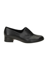 Chaussure slip-on en cuir noir avec un bout arrondi, un petit talon carré, et des détails de couture minimaux, présentant une texture lisse.