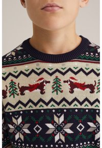 Stickad tröja med ett mönster i kräm och marinblått med gröna träd, röda hundar och snöflingor. Texturerat tyg och ribbad rund halsringning.