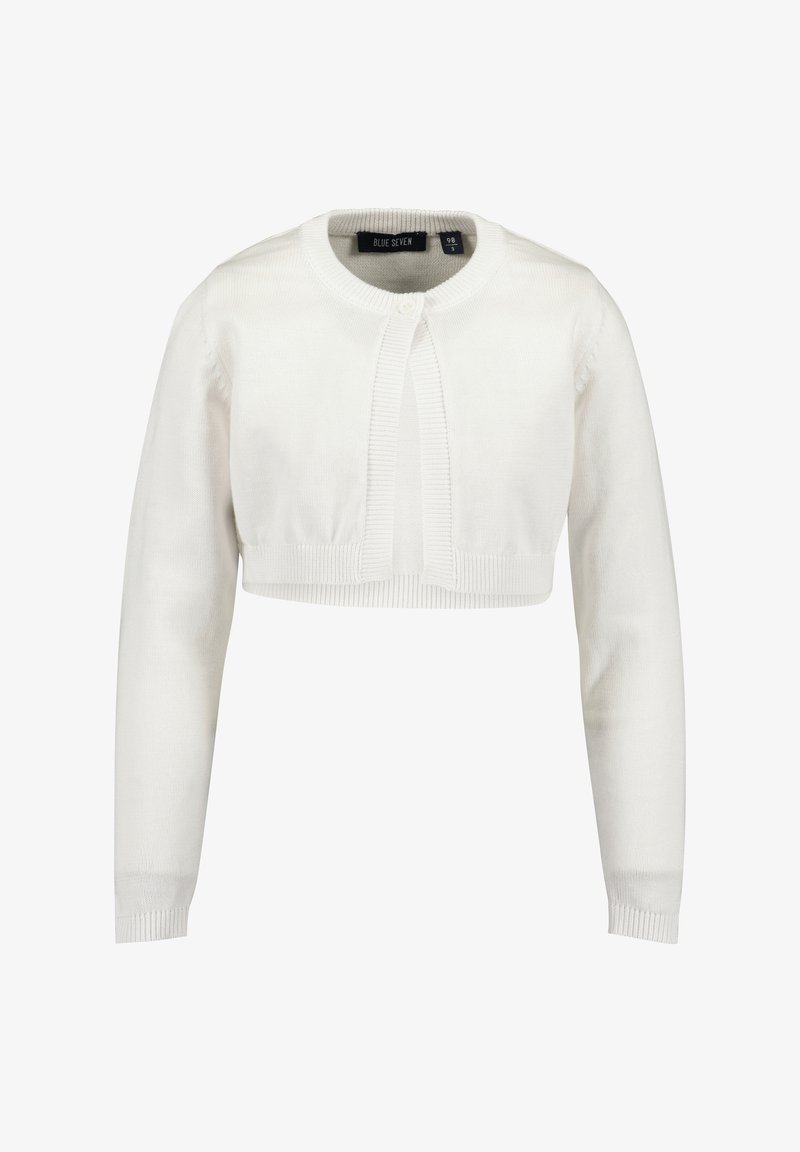 Biała, dziana krótka kardiganka z długimi rękawami, ściągaczowymi brzegami i małym zapięciem na guziczek z przodu. Miękka tekstura, minimalistyczny design.