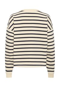 Gestreiftes Langarmshirt mit cremefarbenen und marineblauen horizontalen Streifen. Rundhalsausschnitt, lockere Passform, mit gerippten Bündchen und Saum.