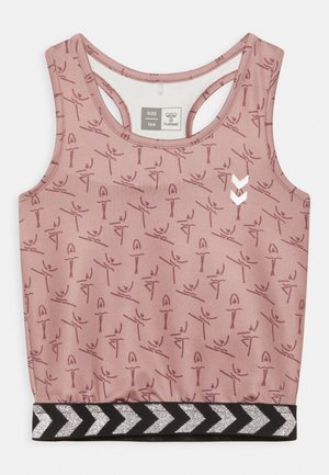 Rosa ärmelloses Top mit einem Tänzer-Muster, schwarzem und silbernem Zickzackband am Saum und einem Ausschnitt-Design im Rücken. Das Material ist glatt und elastisch.