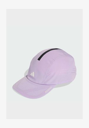 Light purple running cap with a black accent stripe, breathable mesh panels, and reflective detailing. Features "ADIZERO" text on the side.