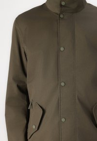 Olive green, button-up jacket made from a smooth, water-resistant material featuring a stand collar, side pockets, and subtle stitching details.