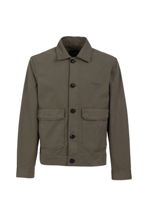 Olive green jacket, button-up front, two large flap pockets, straight cut, made of durable fabric, with a collared neckline and subtle branding.