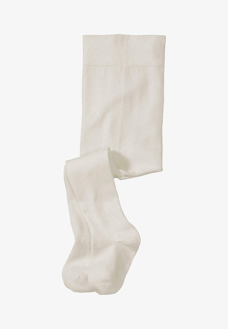 Witte katoenen kniekousen met een gladde textuur, ribbel bovenkant en naadloos ontwerp bij de teen. Zacht en lichtgewicht voor comfort.