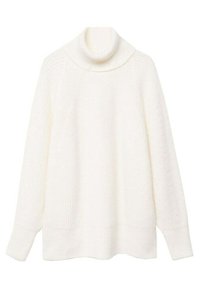 Biały sweter z golfem wykonany z dzianiny o fakturze. Posiada długie rękawy, szerokie mankiety oraz luźny krój. Minimalistyczny design bez wzorów.