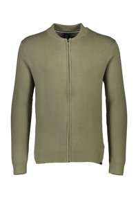 Cardigan verde oliva con zip, realizzato in morbido tessuto a maglia. Presenta orli e polsini a costine, colletto rotondo e due cuciture frontali.