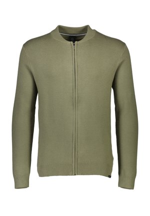 Cardigan verde oliva con zip, realizzato in morbido tessuto a maglia. Presenta orli e polsini a costine, colletto rotondo e due cuciture frontali.