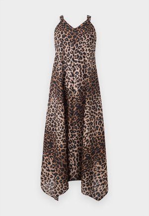 Haljina s uzorkom leoparda sa slobodnim, lepršavim dizajnom. Trake na ramenu, v-izrez i visoki nisku rub. Paleta boja uključuje smeđe i crne tonove.
