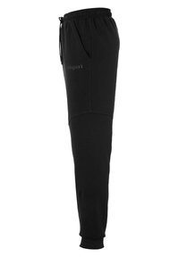 Zwarte joggerbroeken van een katoenmix met een elastische tailleband, zijzakken en aansluitende boorden; heeft een subtiele "uhlsport"-logo op de dij.