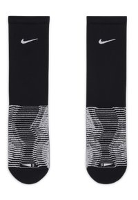 Sorte idrettssokker med en hvit Nike-logo. Designet har horisontale striper ved tåområdet og en myk tekstur. Størrelse merket på bunnen.