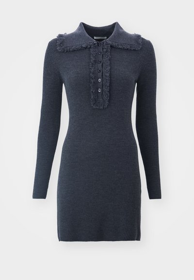 Dark blue ribbed dress with a frayed collar, five-button placket, and long sleeves, featuring a textured knit material.