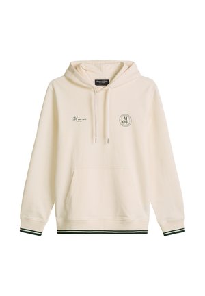 Krémová mikina s kapucí s přední kapsou, stahovacími šňůrkami, nápisem „It's on us“ a kulatým logem „M O P“ na hrudi, žebrovanými manžetami a lemem s černými pruhy.