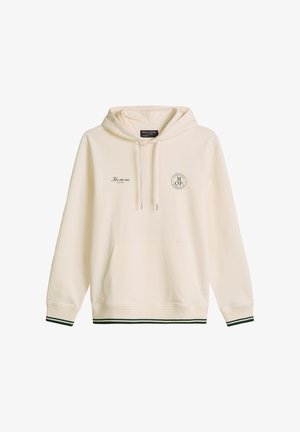 Krémová mikina s kapucí s přední kapsou, stahovacími šňůrkami, nápisem „It's on us“ a kulatým logem „M O P“ na hrudi, žebrovanými manžetami a lemem s černými pruhy.