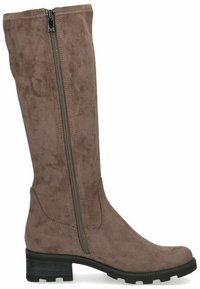 Botas de ante hasta la rodilla en taupe con una cremallera lateral, un tacón bajo y una suela de goma negra texturizada. Acabado liso sin patrones.