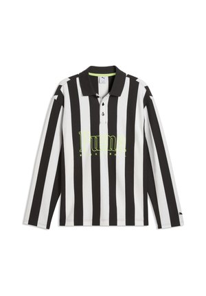 Langärmeliges Polohemd mit schwarzen und weißen vertikalen Streifen und gelbem "Puma Basketball"-Logo auf der Vorderseite.