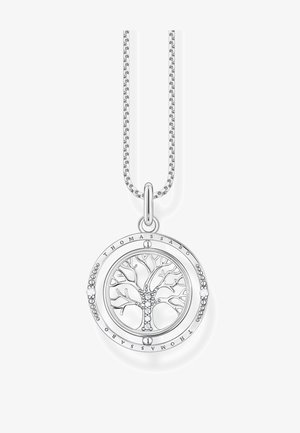 Srebrny naszyjnik z okrągłą zawieszką z motywem drzewa, ozdobioną małymi przejrzystymi kamieniami oraz napisem "THOMAS SABO" na krawędzi.