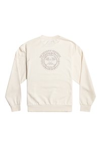Felpa off-white, girocollo, con polsini e orlo a costine. Presenta una grafica solare con dettagli facciali e raggi stampati sul retro.