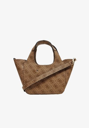 Borsa a tracolla marrone con motivo, dotata di manici corti e una lunga tracolla regolabile, caratterizzata da una parte superiore curva e un design monogramma geometrico.