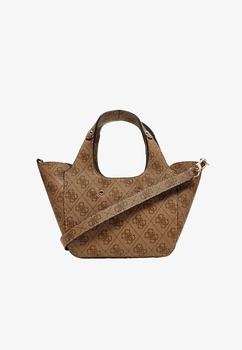 Sac à main marron imprimé avec des poignées courtes et une bandoulière longue et réglable, présentant un haut incurvé et un design de monogramme géométrique.