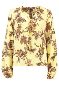 Yellow blouse with long sleeves, featuring a paisley floral pattern in brown tones. Includes a round neckline and front tie detail.