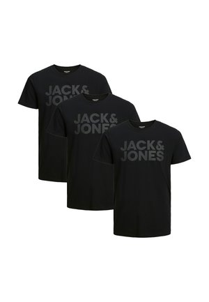 Three black short-sleeve T-shirts with "JACK & JONES" printed in large dark gray letters on the front.