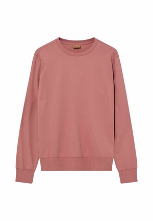 Mikina s dlouhým rukávem a kulatým výstřihem v tlumené růžové barvě s žebrovanými manžetami a lemem na bílém pozadí.