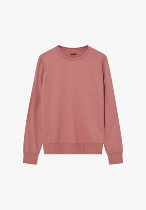 Mikina s dlhými rukávmi a okrúhlym výstrihom v tlmenej ružovej farbe s rebrovanými manžetami a spodným lemom na bielom pozadí.