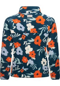 Sudadera de forro polar con un cuello alto, que presenta un fondo azul oscuro y flores multicolores en naranja, blanco y azul claro.