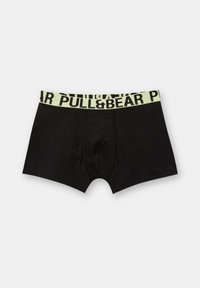 Fekete boxer alsónadrág sárga-zöld elasztikus derékpánttal, amelynek élénk fekete betűkkel a "PULL&BEAR" felirat szerepel. Puha, lélegző anyagból készült.