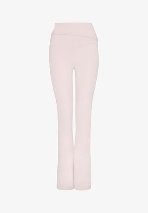 Light pink flared pants with a wide waistband and smooth texture. Features a clean, streamlined design without additional embellishments.