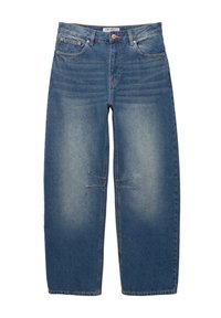 Jeans de tiro alto y pierna ancha en color azul con lavado desgastado, bolsillos delanteros y traseros, cierre de botón y sutiles detalles de costura en las rodillas.