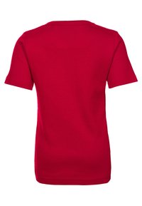 Red cotton t-shirt, short sleeves, crew neck, plain design, soft texture, no visible logos or additional details, viewed from the back.