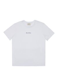 Weißes Baumwoll-T-Shirt mit kurzen Ärmeln, Rundhalsausschnitt und dunkelblauem gesticktem Text auf der Vorderseite. Etikett im Kragen sichtbar.