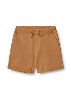 Pantaloncini di cotone marroni con vita con coulisse, tasche laterali e vestibilità slim. Orli rifiniti e texture morbida.