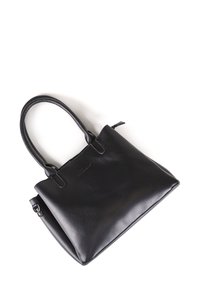 Borsa a tracolla in pelle nera con due manici robusti, forma strutturata e texture liscia. Presenta una chiusura con zip e un branding discreto sul fronte.