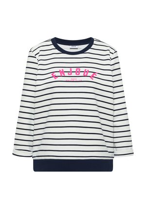 Weißes Langarmshirt mit marineblauen horizontalen Streifen, marineblauem Kragen und Saum, pinkem Schriftzug "ENJOUE" und kleinem roten Text darunter auf der Vorderseite.