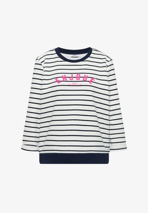 Weißes Langarmshirt mit marineblauen horizontalen Streifen, marineblauem Kragen und Saum, pinkem Schriftzug "ENJOUE" und kleinem roten Text darunter auf der Vorderseite.
