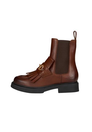 Brauner Lederknöchel-Stiefel mit schwarzem elastischem Seitenteil, Fransen und goldener Schnalle, schwarzer Sohle und Zuglasche hinten.