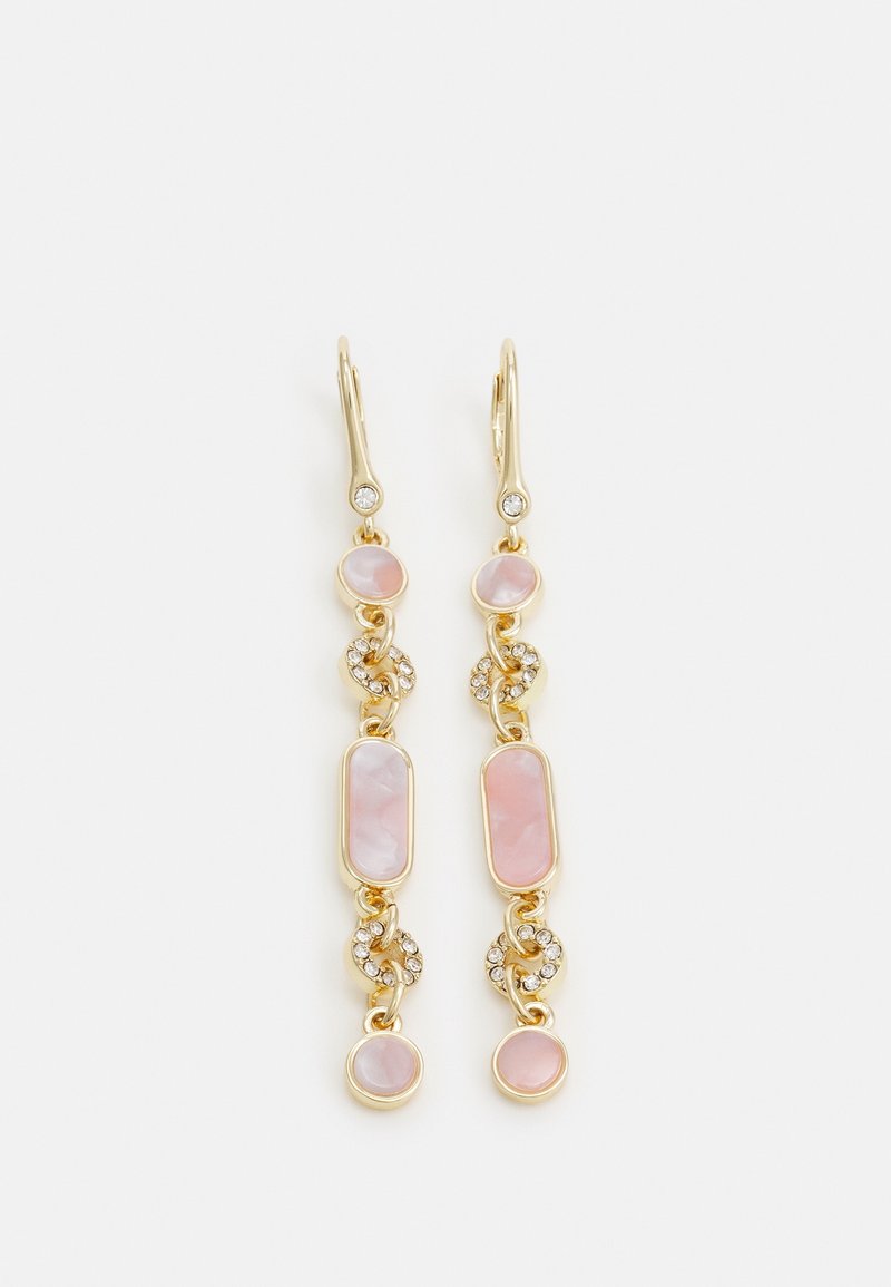 Boucles d'oreilles goutte en or avec pierres ovales et rondes roses, décorées de petits cristaux transparents dans un design en chaîne liée.
