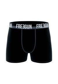 Boxer shorts noirs avec une large ceinture élastique portant le mot "FREEGUN" en lettres blanches. Texture lisse et design ajusté pour le confort.