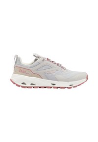 Chaussure de trail running gris clair avec des accents roses, tige synthétique texturée, semelle flexible et semelle multidirectionnelle pour une meilleure adhérence.