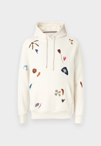 Krémovo sfarbená mikina s kapucňou so sťahovacími šnúrami, ozdobená rozptýlenými viacfarebnými abstraktnými výšivkami kvetov a listov.
