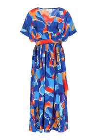 Maxi-mekko kirkkaassa sinisessä värissä, jossa on abstrakteja kuvioita oranssilla, punaisella ja purppuralla. Valmistettu kevyestä kankaasta, jossa on kietaisusuunnittelu ja vyö.