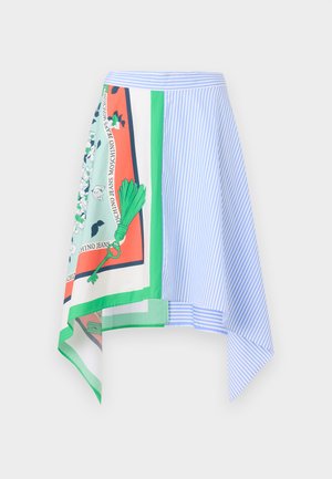 Asymmetric skirt featuring blue vertical stripes, a patterned panel with floral designs, and vibrant colors like green and orange.