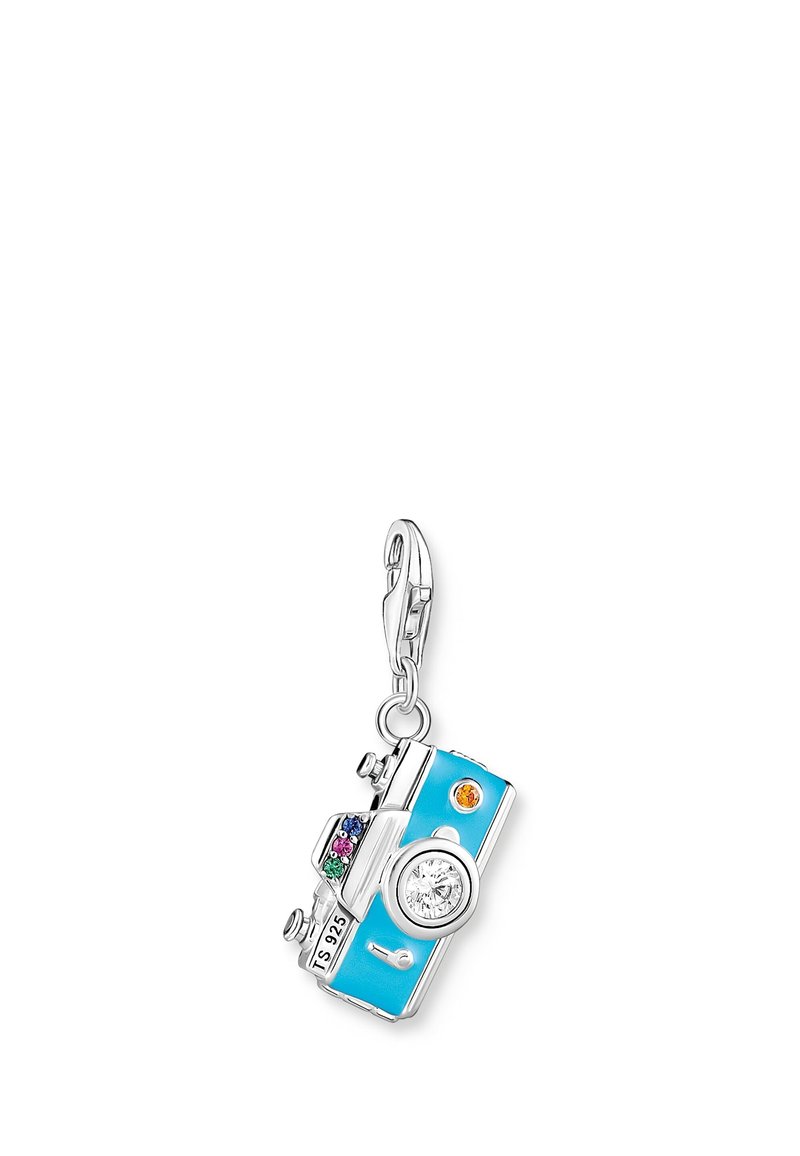 Silver and blue vintage car charm with colorful gemstones and lobster clasp for attaching to bracelets or necklaces.